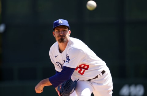 Mar 27, 2022; Phoenix, Arizona, USA; Los Angeles Dodgers starting pitcher Andrew Heaney (28) pitches against the Chicago White Sox during the first inning of a spring training game at Camelback Ranch-Glendale. Mandatory Credit: Joe Camporeale-USA TODAY Sports