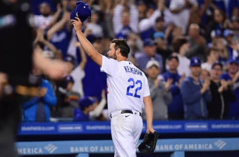 Apr 30, 2022; Los Angeles, California, USA; Los Angeles Dodgers starting pitcher Clayton Kershaw (22) acknowledges fans after striking out Detroit Tigers first baseman Spencer Torkelson (20) during the fourth inning at Dodger Stadium. The strikeout is the 2,697th of Kershaw’s career and puts him above former pitcher Don Sutton for most career strikeouts all time with the Dodgers. Mandatory Credit: Gary A. Vasquez-USA TODAY Sports