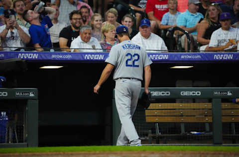 Jul 30, 2022; Denver, Colorado, USA; Los Angeles Dodgers starting pitcher Clayton Kershaw (22) leaves the field in the sixth inning against the Colorado Rockies at Coors Field. Mandatory Credit: Ron Chenoy-USA TODAY Sports