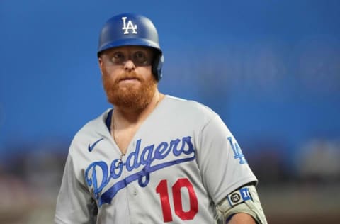 Sep 17, 2022; San Francisco, California, USA; Los Angeles Dodgers designated hitter Justin Turner (10) during the third inning against the San Francisco Giants at Oracle Park. Mandatory Credit: Darren Yamashita-USA TODAY Sports