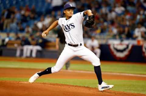 Apr 8, 2017; St. Petersburg, FL, USA; Tampa Bay Rays starting pitcher Chris Archer (22) throws a pitch during the first inning against the Toronto Blue Jays at Tropicana Field. Mandatory Credit: Kim Klement-USA TODAY Sports