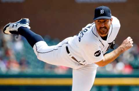 Apr 10, 2017; Detroit, MI, USA; Detroit Tigers starting pitcher Justin Verlander (35) pitches in the second inning against the Boston Red Sox at Comerica Park. Mandatory Credit: Rick Osentoski-USA TODAY Sports