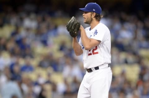 April 14, 2017; Los Angeles, CA, USA; Los Angeles Dodgers starting pitcher Clayton Kershaw (22) throws in the first inning against the Arizona Diamondbacks at Dodger Stadium. Mandatory Credit: Gary A. Vasquez-USA TODAY Sports