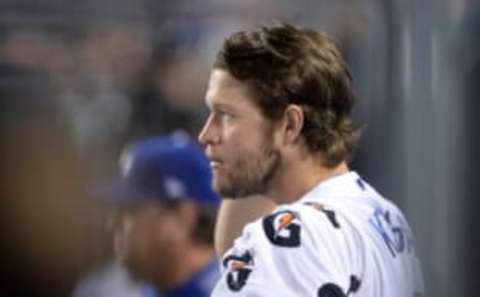 April 14, 2017; Los Angeles, CA, USA; Los Angeles Dodgers starting pitcher Clayton Kershaw (22) watches game action against the Arizona Diamondbacks in the eighth inning at Dodger Stadium. Mandatory Credit: Gary A. Vasquez-USA TODAY Sports