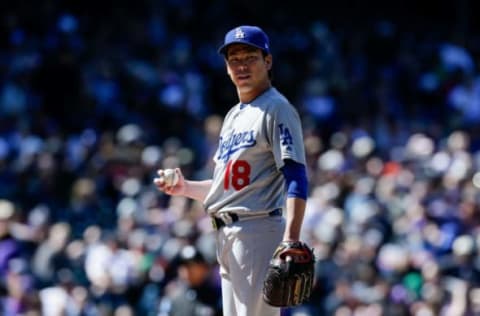 Apr 9, 2017; Denver, CO, USA; Los Angeles Dodgers starting pitcher Kenta Maeda (18) in the fourth inning against the Colorado Rockies at Coors Field. Mandatory Credit: Isaiah J. Downing-USA TODAY Sports