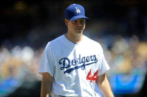 April 16, 2017; Los Angeles, CA, USA; Los Angeles Dodgers starting pitcher Rich Hill (44) leaves the game before the fourth inning against the Arizona Diamondbacks at Dodger Stadium. Mandatory Credit: Gary A. Vasquez-USA TODAY Sports