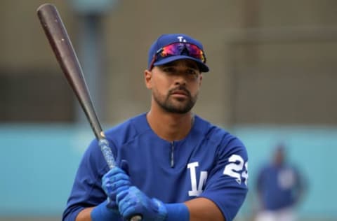 Apr 18, 2017; Los Angeles, CA, USA; Los Angeles Dodgers outfielder Franklin Gutierrez (28) reacts during a MLB baseball game against the Colorado Rockies at Dodger Stadium. Mandatory Credit: Kirby Lee-USA TODAY Sports