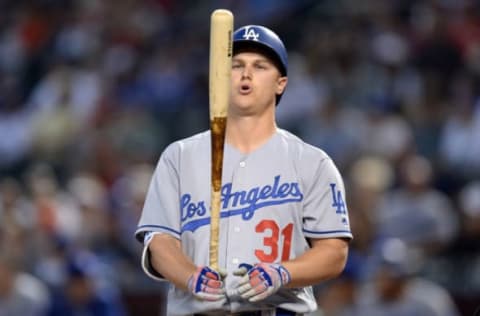 Apr 23, 2017; Phoenix, AZ, USA; Los Angeles Dodgers center fielder Joc Pederson (31) prepares to bat against the Arizona Diamondbacks during the first inning at Chase Field. Mandatory Credit: Joe Camporeale-USA TODAY Sports