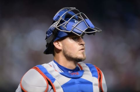 Apr 23, 2017; Phoenix, AZ, USA; Los Angeles Dodgers catcher Yasmani Grandal (9) walks to the dugout after the fourth inning against the Arizona Diamondbacks at Chase Field. Mandatory Credit: Joe Camporeale-USA TODAY Sports