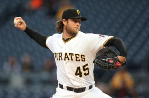 Apr 25, 2017; Pittsburgh, PA, USA; Pittsburgh Pirates starting pitcher Gerrit Cole (45) delivers a pitch against the Chicago Cubs during the first inning at PNC Park. Mandatory Credit: Charles LeClaire-USA TODAY Sports