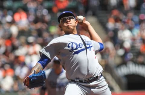 Apr 27, 2017; San Francisco, CA, USA; Los Angeles Dodgers starting pitcher Julio Urias (70) throws a pitch against the San Francisco Giants during the first inning at AT&T Park. Mandatory Credit: Sergio Estrada-USA TODAY Sports