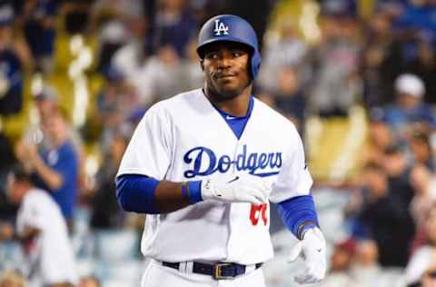 Apr 29, 2017; Los Angeles, CA, USA; Los Angeles Dodgers right fielder Yasiel Puig (66) reacts after hitting a solo home run against the Philadelphia Phillies during the ninth inning at Dodger Stadium. Mandatory Credit: Kelvin Kuo-USA TODAY Sports