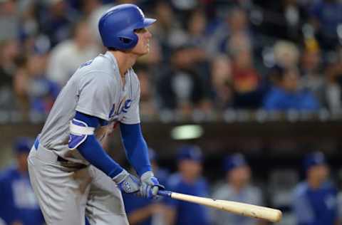 May 5, 2017; San Diego, CA, USA; Los Angeles Dodgers left fielder Cody Bellinger (35) hits a three-run home run during the ninth inning against the San Diego Padres at Petco Park. Mandatory Credit: Jake Roth-USA TODAY Sports