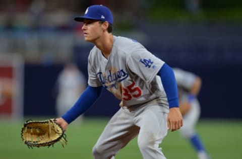 May 5, 2017; San Diego, CA, USA; Los Angeles Dodgers left fielder Cody Bellinger (35) plays defense during the ninth inning against the San Diego Padres at Petco Park. Mandatory Credit: Jake Roth-USA TODAY Sports