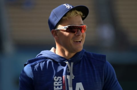 May 3, 2017; Los Angeles, CA, USA; Los Angeles Dodgers center fielder Kike Hernandez reacts during a MLB game against the San Francisco Giants at Dodger Stadium. Mandatory Credit: Kirby Lee-USA TODAY Sports