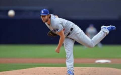 May 6, 2017; San Diego, CA, USA; Los Angeles Dodgers starting pitcher Clayton Kershaw (22) pitches during the first inning against the San Diego Padres at Petco Park. Mandatory Credit: Jake Roth-USA TODAY Sports