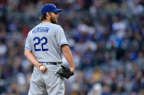 May 6, 2017; San Diego, CA, USA; Los Angeles Dodgers starting pitcher Clayton Kershaw (22) looks on during the fifth inning against the San Diego Padres at Petco Park. Mandatory Credit: Jake Roth-USA TODAY Sports