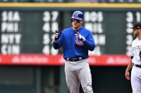 May 9, 2017; Denver, CO, USA; Chicago Cubs first baseman Anthony Rizzo (44) reacts after his single against the Colorado Rockies in the first inning at Coors Field. Mandatory Credit: Ron Chenoy-USA TODAY Sports