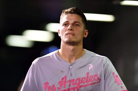 May 13, 2017; Denver, CO, USA; Los Angeles Dodgers shortstop Corey Seager (5) during the ninth inning against the Colorado Rockies at Coors Field. Mandatory Credit: Ron Chenoy-USA TODAY Sports