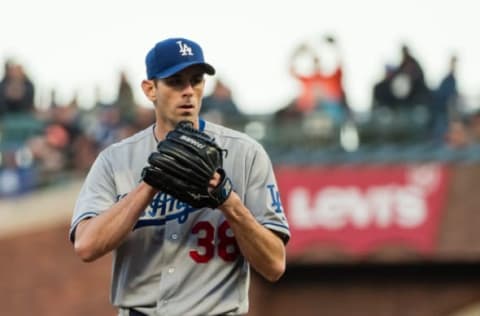 May 15, 2017; San Francisco, CA, USA; Los Angeles Dodgers starting pitcher Brandon McCarthy (38) before a pitch against the San Francisco Giants at AT&T Park. Mandatory Credit: Kelley L Cox-USA TODAY Sports