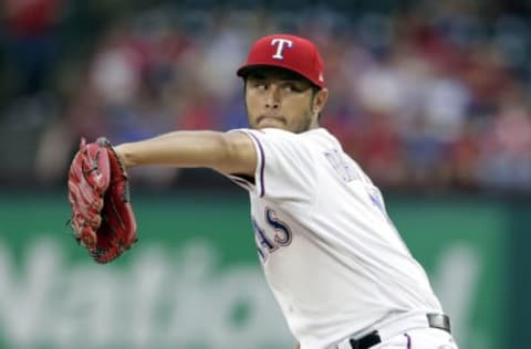 May 16, 2017; Arlington, TX, USA; Texas Rangers starting pitcher Yu Darvish (11) throws a pitch in the first inning against the Philadelphia Phillies at Globe Life Park in Arlington. Mandatory Credit: Tim Heitman-USA TODAY Sports