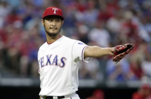 May 16, 2017; Arlington, TX, USA; Texas Rangers starting pitcher Yu Darvish (11) reacts after striking out a batter in the fourth inning against the Philadelphia Phillies at Globe Life Park in Arlington. Mandatory Credit: Tim Heitman-USA TODAY Sports