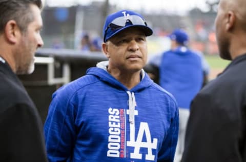 May 16, 2017; San Francisco, CA, USA; Los Angeles Dodgers manager Dave Roberts (30) attends batting practice before the game against the San Francisco Giants at AT&T Park. Mandatory Credit: John Hefti-USA TODAY Sports