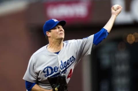 May 16, 2017; San Francisco, CA, USA; Los Angeles Dodgers starting pitcher Rich Hill (44) pitches against the San Francisco Giants in the first inning at AT&T Park. Mandatory Credit: John Hefti-USA TODAY Sports