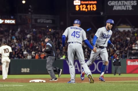 May 16, 2017; San Francisco, CA, USA; Los Angeles Dodgers second baseman Chris Taylor (3) runs the bases after hitting a solo home run against the San Francisco Giants in the sixth inning at AT&T Park. Mandatory Credit: John Hefti-USA TODAY Sports