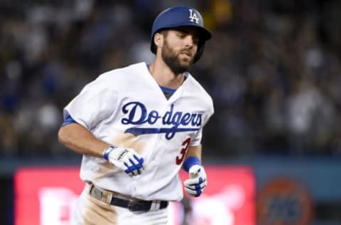 May 19, 2017; Los Angeles, CA, USA; Los Angeles Dodgers second baseman Chris Taylor (3) runs the bases after hitting a solo home run against the Miami Marlins during the third inning at Dodger Stadium. Mandatory Credit: Kelvin Kuo-USA TODAY Sports