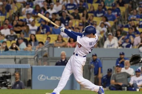 May 20, 2017; Los Angeles, CA, USA; Los Angeles Dodgers left fielder Cody Bellinger (35) follows through on a solo home run in the seventh inning against the Miami Marlins at Dodger Stadium. The Marlins defeated the Dodgers 10-6. Mandatory Credit: Kirby Lee-USA TODAY Sports