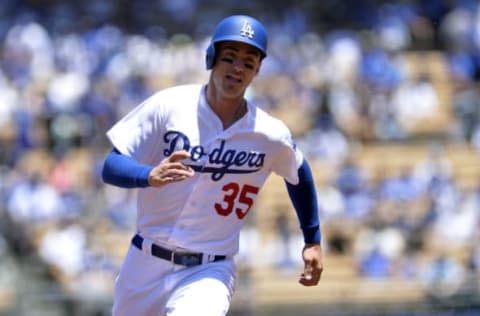 May 21, 2017; Los Angeles, CA, USA; Los Angeles Dodgers left fielder Cody Bellinger (35) advances to third in the first inning against the Miami Marlins at Dodger Stadium. Mandatory Credit: Gary A. Vasquez-USA TODAY Sports