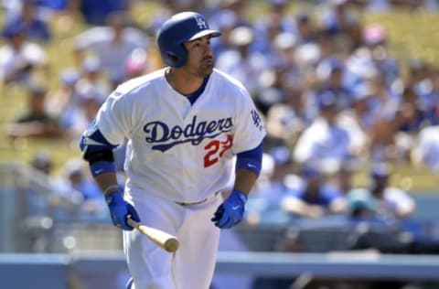 May 21, 2017; Los Angeles, CA, USA; Los Angeles Dodgers first baseman Adrian Gonzalez (23) runs after an at-bat in the seventh inning against the Miami Marlins at Dodger Stadium. Mandatory Credit: Gary A. Vasquez-USA TODAY Sports