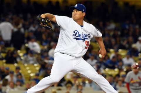 May 25, 2017; Los Angeles, CA, USA; Los Angeles Dodgers relief pitcher Hyun-Jin Ryu (99) in the eighth inning against the St. Louis Cardinals at Dodger Stadium. Mandatory Credit: Jayne Kamin-Oncea-USA TODAY Sports