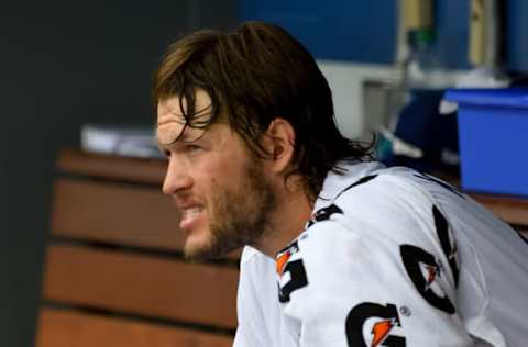 Jun 7, 2017; Los Angeles, CA, USA; Los Angeles Dodgers starting pitcher Clayton Kershaw (22) in the dugout during the game against the Washington Nationals at Dodger Stadium. Mandatory Credit: Jayne Kamin-Oncea-USA TODAY Sports