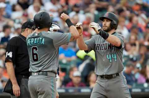 Jun 13, 2017; Detroit, MI, USA; Arizona Diamondbacks designated hitter Paul Goldschmidt (44) receives congratulations from right fielder David Peralta (6) after he hit a two-run home run in the third inning against the Detroit Tigers at Comerica Park. Mandatory Credit: Rick Osentoski-USA TODAY Sports