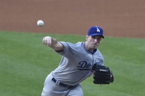 Jun 14, 2017; Cleveland, OH, USA; Los Angeles Dodgers starting pitcher Brandon McCarthy (38) delivers in the first inning against the Cleveland Indians at Progressive Field. Mandatory Credit: David Richard-USA TODAY Sports