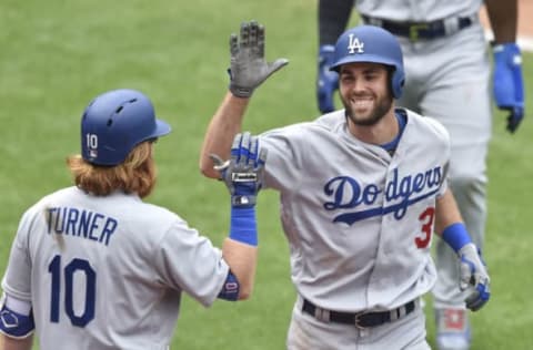 Jun 15, 2017; Cleveland, OH, USA; Los Angeles Dodgers second baseman Chris Taylor (3) celebrates his two-run home run with third baseman Justin Turner (10) in the fifth inning against the Cleveland Indians at Progressive Field. Mandatory Credit: David Richard-USA TODAY Sports