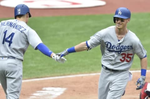 Jun 15, 2017; Cleveland, OH, USA; Los Angeles Dodgers left fielder Cody Bellinger (35) celebrates his solo home run with second baseman Enrique Hernandez (14) in the fourth inning against the Cleveland Indians at Progressive Field. Mandatory Credit: David Richard-USA TODAY Sports