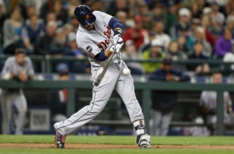 Jun 20, 2017; Seattle, WA, USA; Detroit Tigers right fielder J.D. Martinez (28) hits a solo-home run against the Seattle Mariners during the eighth inning at Safeco Field. Mandatory Credit: Joe Nicholson-USA TODAY Sports