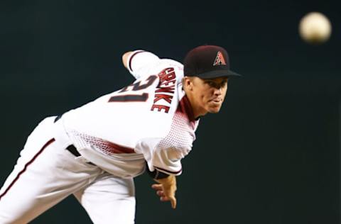 Jun 26, 2017; Phoenix, AZ, USA; Arizona Diamondbacks pitcher Zack Greinke in the first inning against the Philadelphia Phillies at Chase Field. Mandatory Credit: Mark J. Rebilas-USA TODAY Sports