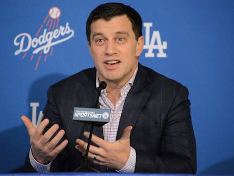 Dec 1, 2015; Los Angeles, CA, USA; Los Angeles Dodgers director of baseball operations Andrew Friedman at press conference to announce Dave Roberts (not pictured) as the first minority manager in Dodgers franchise history at Dodger Stadium. Mandatory Credit: Kirby Lee-USA TODAY Sports