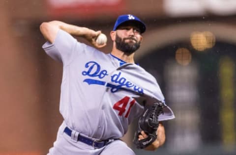 Apr 8, 2016; San Francisco, CA, USA; Los Angeles Dodgers relief pitcher Chris Hatcher (41) throw against the San Francisco Giants in the eighth inning at AT&T Park. The Giants won 3-2. Mandatory Credit: John Hefti-USA TODAY Sports