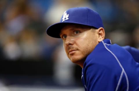 May 4, 2016; St. Petersburg, FL, USA; Los Angeles Dodgers starting pitcher Scott Kazmir (29) looks on from the dugout against the Tampa Bay Rays at Tropicana Field. Mandatory Credit: Kim Klement-USA TODAY Sports