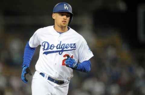 June 16, 2016; Los Angeles, CA, USA; Los Angeles Dodgers right fielder Trayce Thompson (21) rounds the bases after he hits a three-run home run in the third inning against Milwaukee Brewers at Dodger Stadium. Mandatory Credit: Gary A. Vasquez-USA TODAY Sports