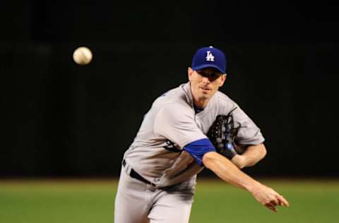 Jul 16, 2016; Phoenix, AZ, USA; Los Angeles Dodgers starting pitcher Brandon McCarthy (38) throws against the Arizona Diamondbacks during the first inning at Chase Field. Mandatory Credit: Matt Kartozian-USA TODAY Sports