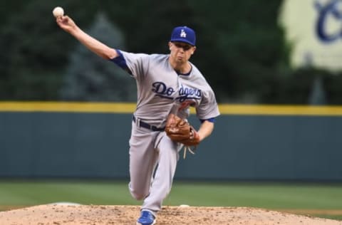 Aug 3, 2016; Denver, CO, USA; Los Angeles Dodgers starting pitcher Brock Stewart (51) delivers a pitch in the first inning against the Colorado Rockies at Coors Field. Mandatory Credit: Ron Chenoy-USA TODAY Sports