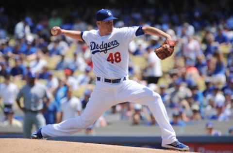 August 28, 2016; Los Angeles, CA, USA; Los Angeles Dodgers starting pitcher Brock Stewart (48) throws in the first inning against the Chicago Cubs at Dodger Stadium. Mandatory Credit: Gary A. Vasquez-USA TODAY Sports