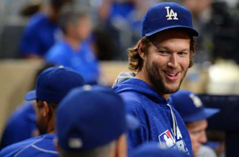 Sep 29, 2016; San Diego, CA, USA; Los Angeles Dodgers starting pitcher Clayton Kershaw (22) laughs during the eighth inning against the San Diego Padres at Petco Park. Mandatory Credit: Jake Roth-USA TODAY Sports