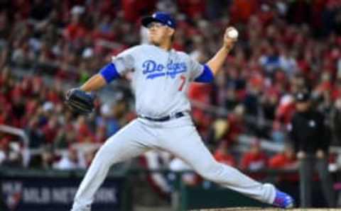 Oct 13, 2016; Washington, DC, USA; Los Angeles Dodgers pitcher Julio Urias (7) pitches during the fifth inning against the Washington Nationals during game five of the 2016 NLDS playoff baseball game at Nationals Park. Mandatory Credit: Brad Mills-USA TODAY Sports